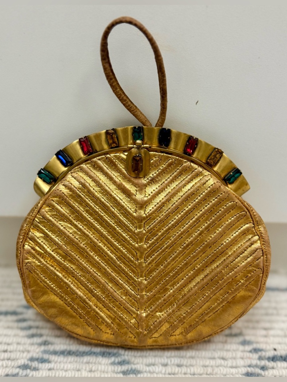 SAKS FIFTH AVENUE Rare Vintage 60’s Gold Chevron Leather Jeweled Clutch/Wristlet